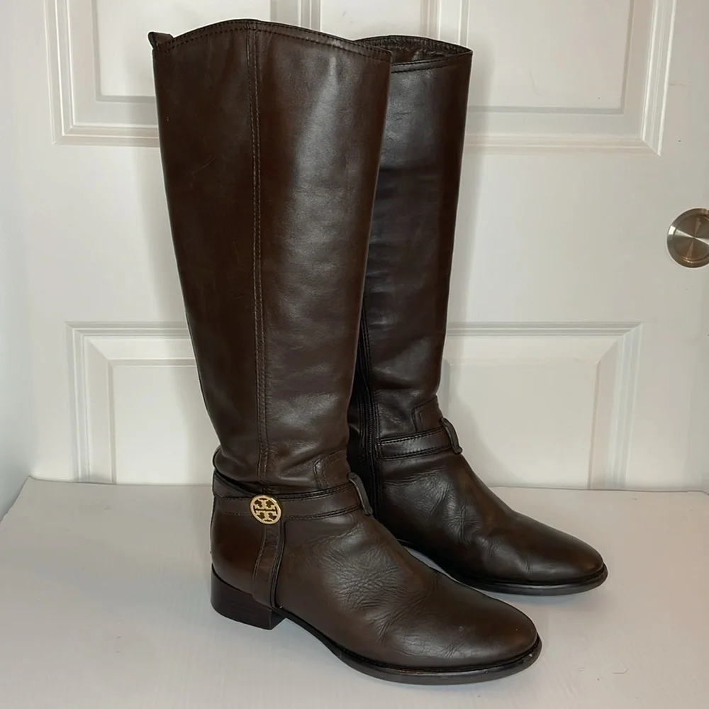 Tory Burch Riding Bristol Boots Women’s Sz 8 Brown Coconut Gold Leather Side Zip